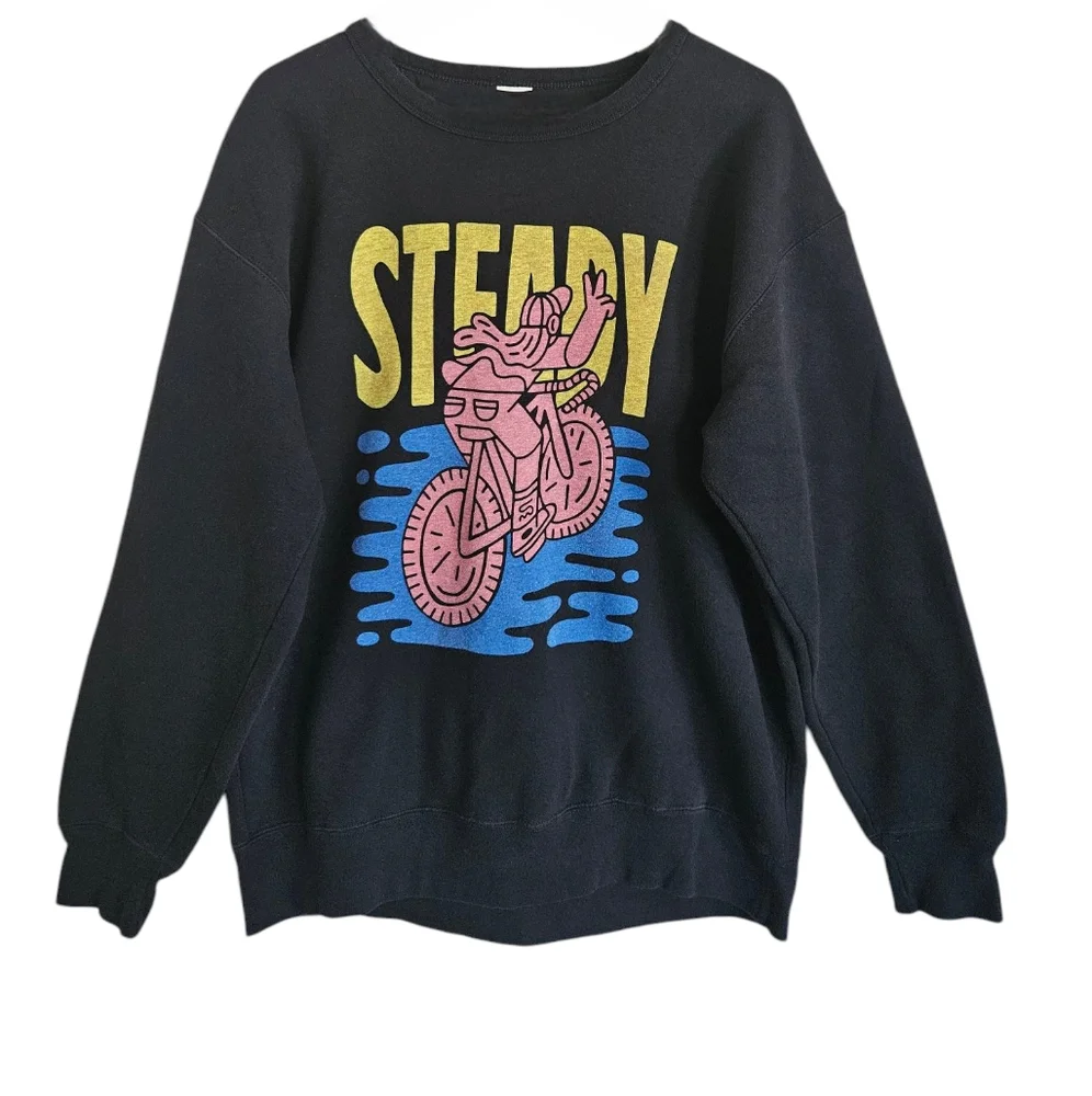 Black Graphic Print Long Sleeve Pullover Sweatshirt Size L
